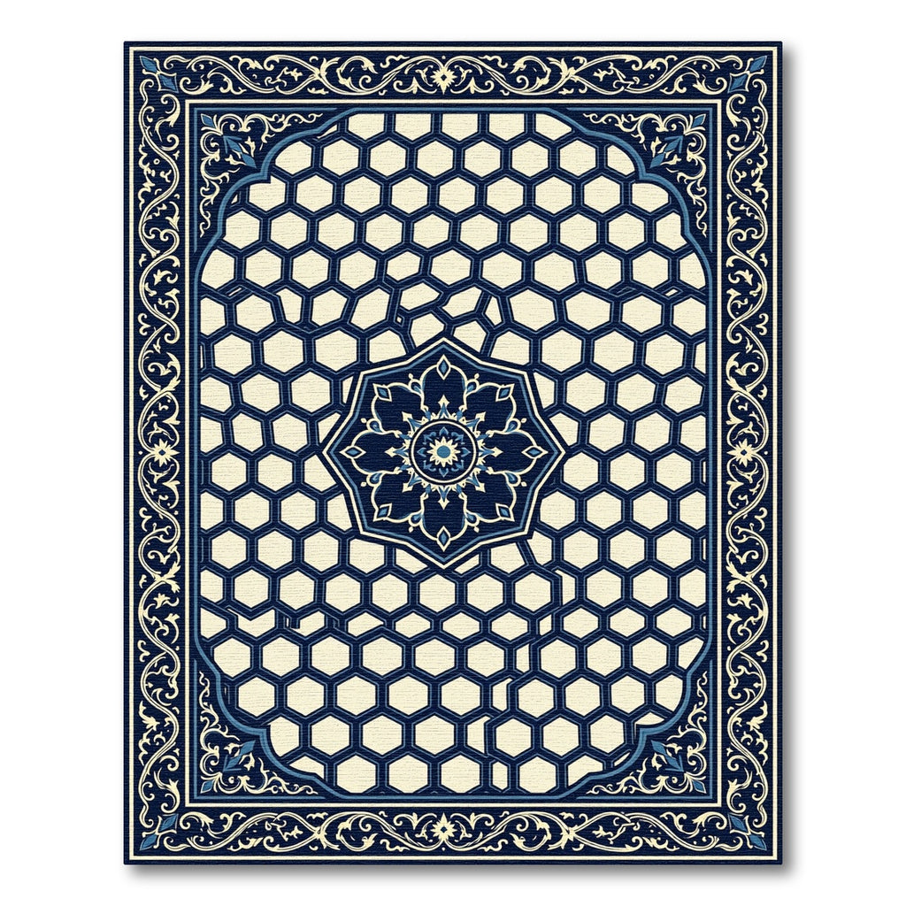 Navy Blue Hexagon Floral Medallion Rug