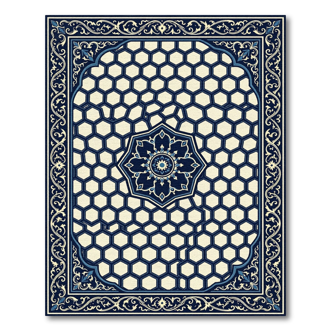 Navy Blue Hexagon Floral Medallion Rug