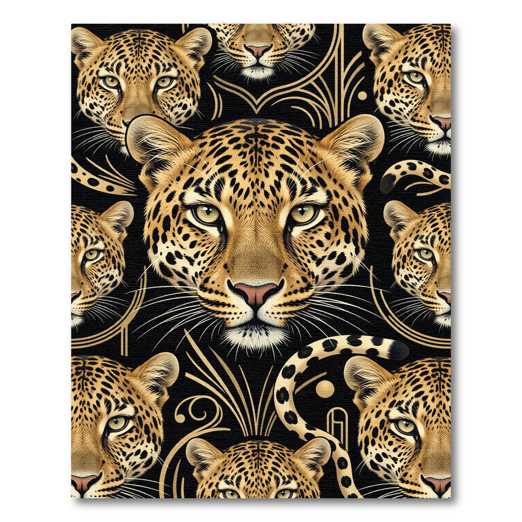 Black Gold Leopard Faces Art Deco Rug