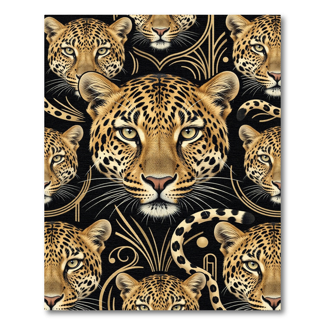 Black Gold Leopard Faces Art Deco Rug