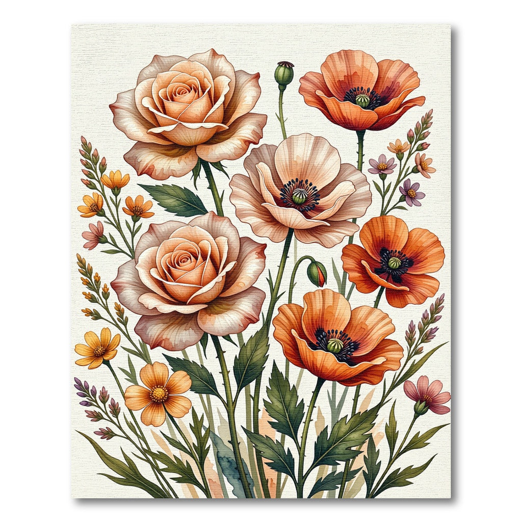 Coral Peach Floral Botanical Arrangement Rug