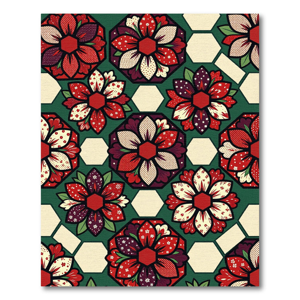 Crimson Red Floral Hexagon Composition Rug