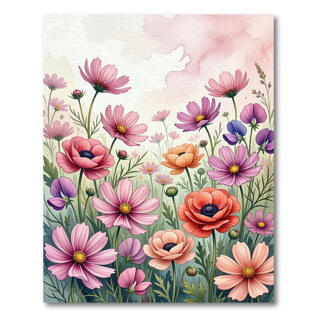 Watercolor Pink Cosmos Floral Meadow Rug