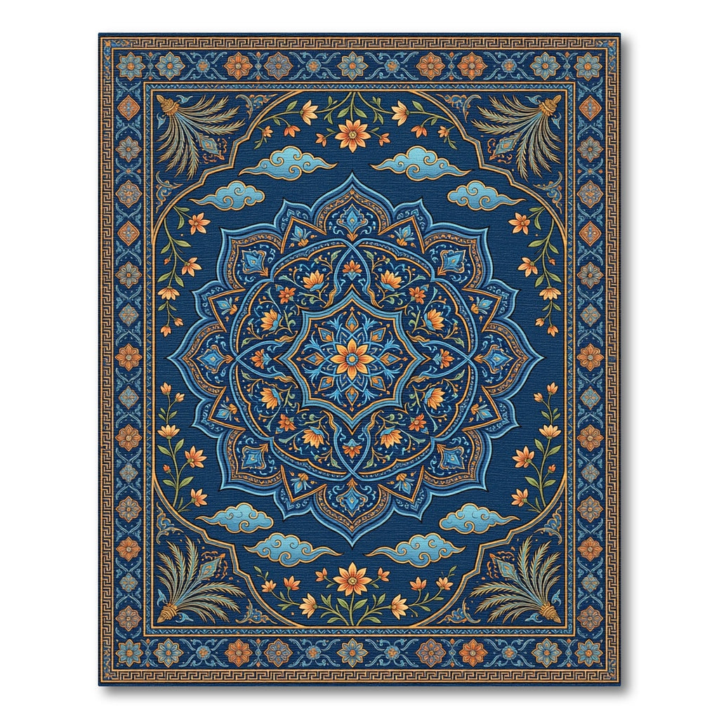 Midnight Blue Golden Floral Medallion Rug