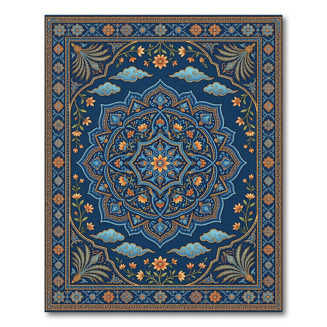 Midnight Blue Golden Floral Medallion Rug