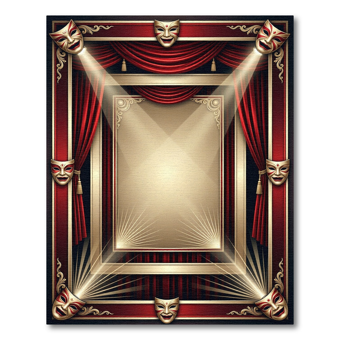 Dramatic Red Theater Mask Gold Frame Rug