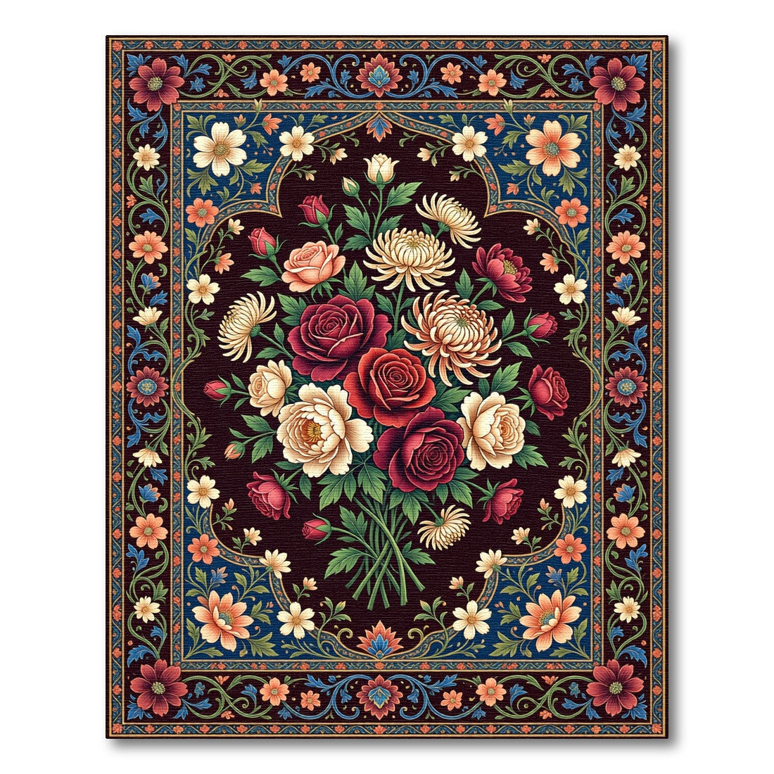 Dark Floral Bouquet Ornate Medallion Art Rug