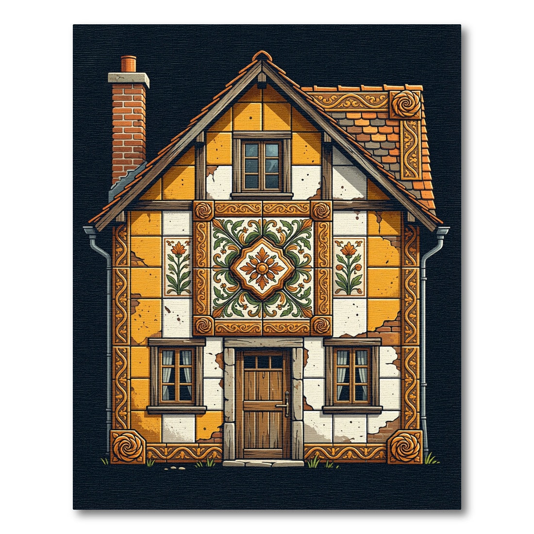 Amber Orange Floral Architectural Tile Rug