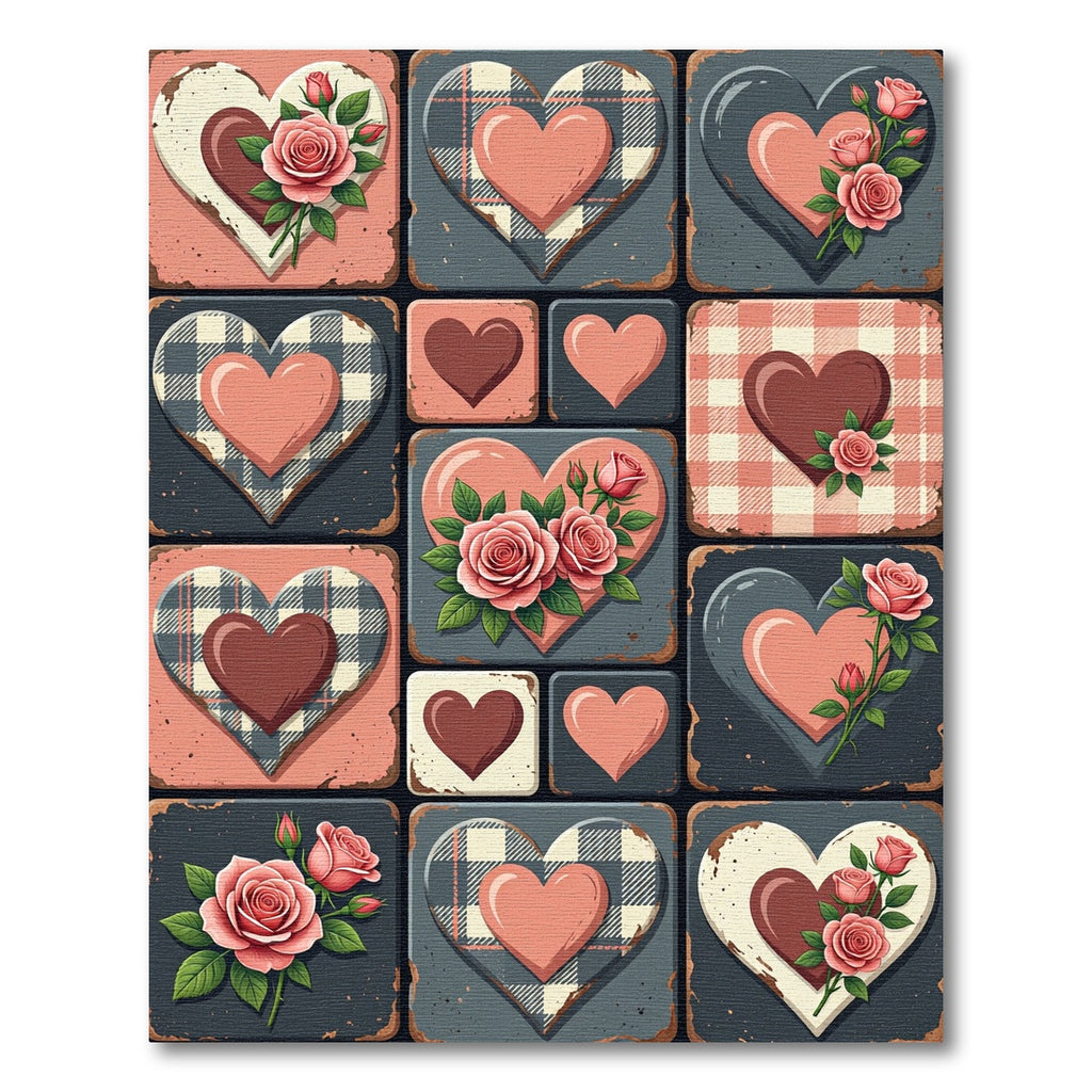 Valentine Rose Plaid Heart Collage Rug