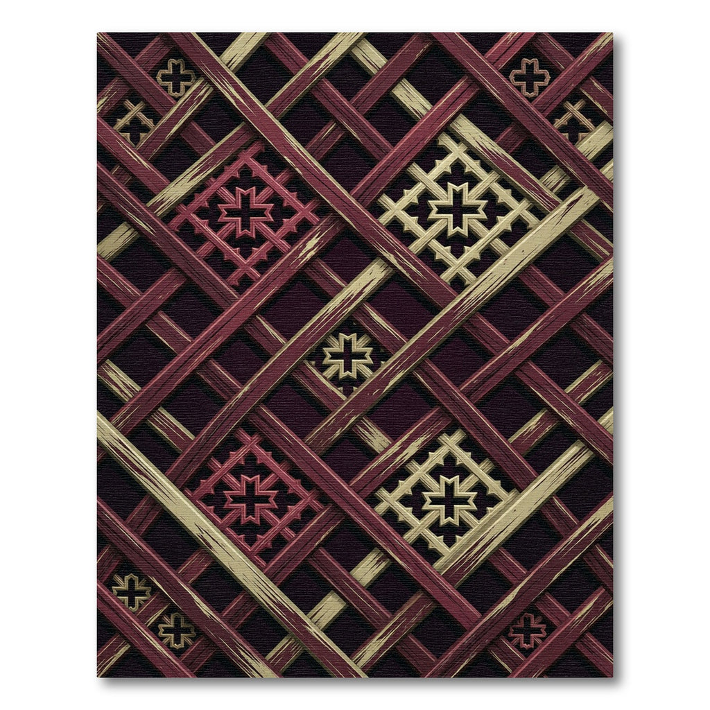 Lattice Burgundy and Gold Geometric Grid Rug