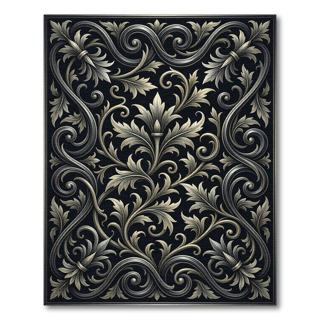 Black Silver Ornate Foliage Scroll Rug