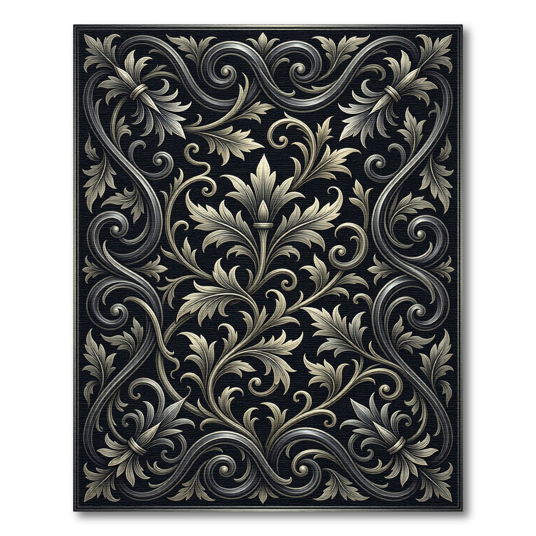 Black Silver Ornate Foliage Scroll Rug