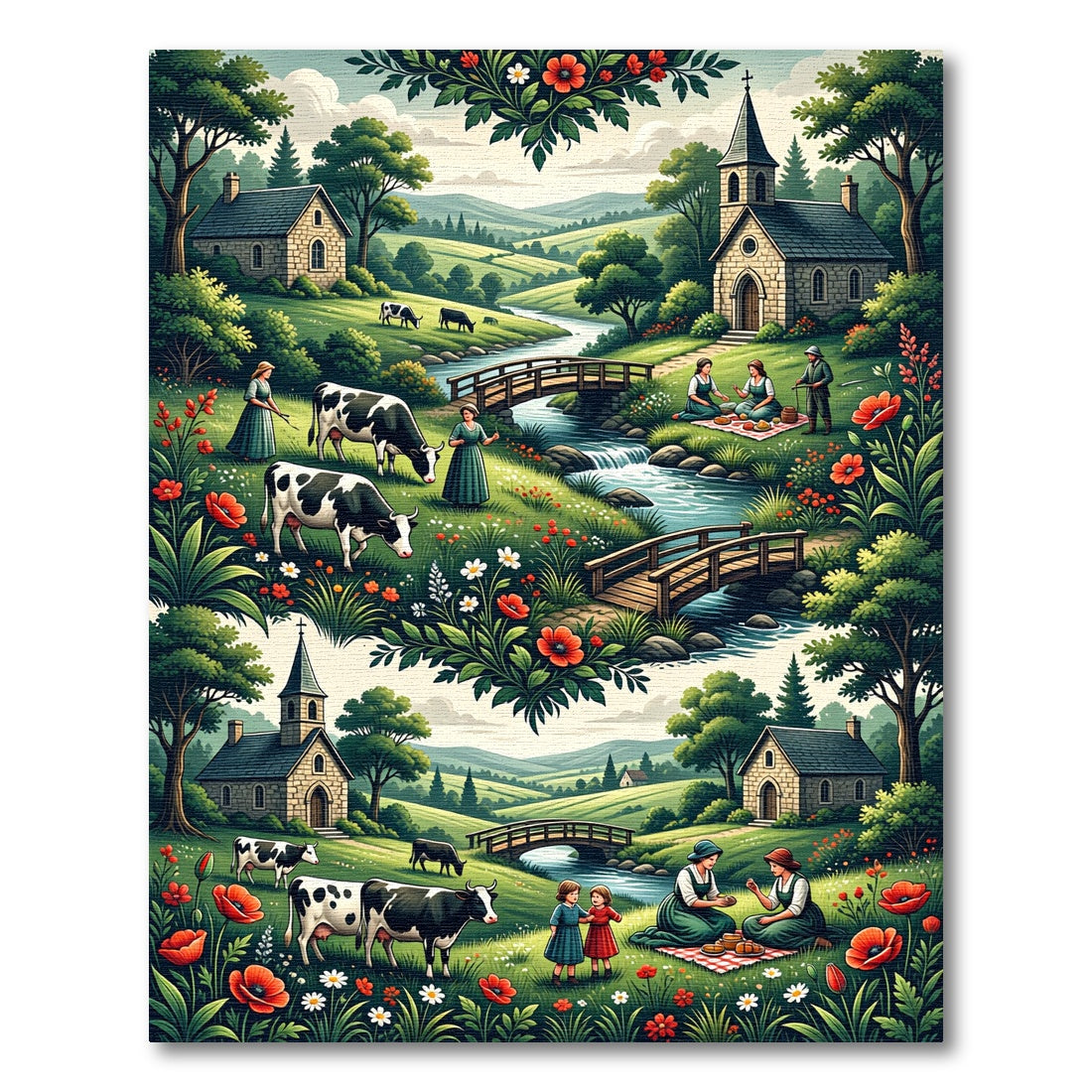 Pastoral Red Poppy Meadow Scene Rug