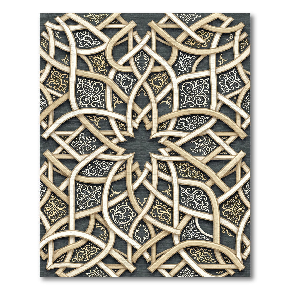 Gold Cream Interlaced Geometric Arabesque Rug