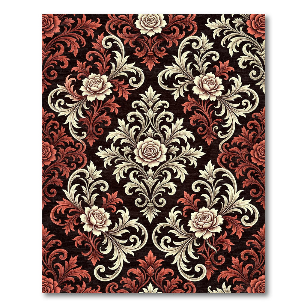 Rich Red Floral Scroll Damask Rug