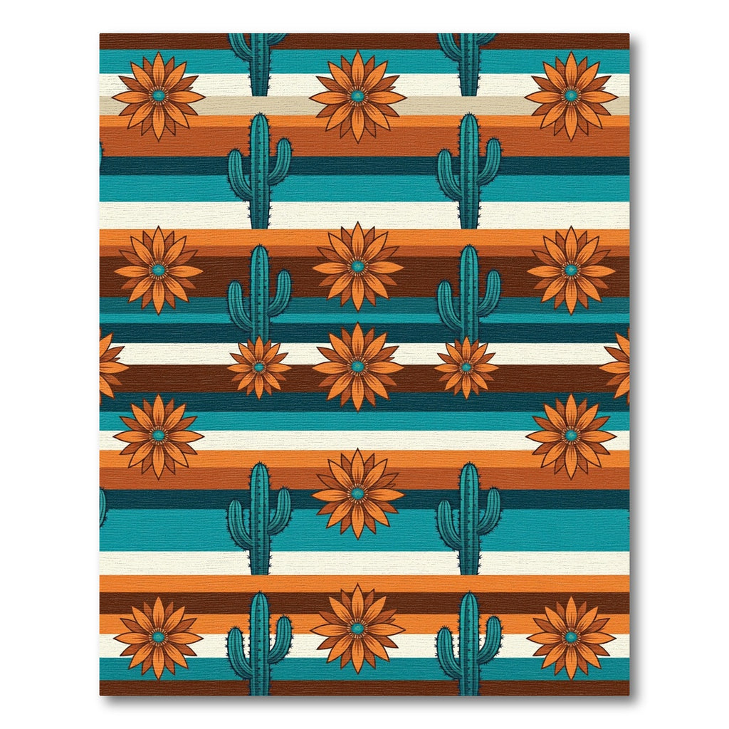 Teal Cactus Orange Flower Striped Rug