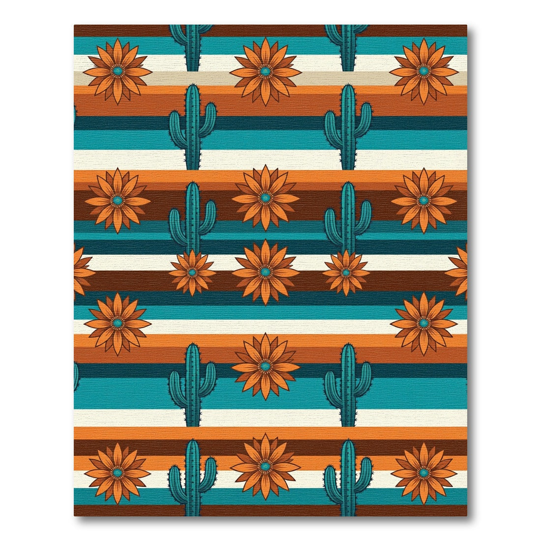 Teal Cactus Orange Flower Striped Rug