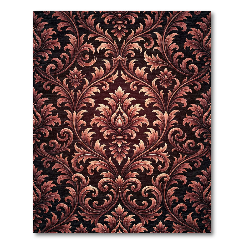 Dark Maroon Damask Scroll Floral Art Rug