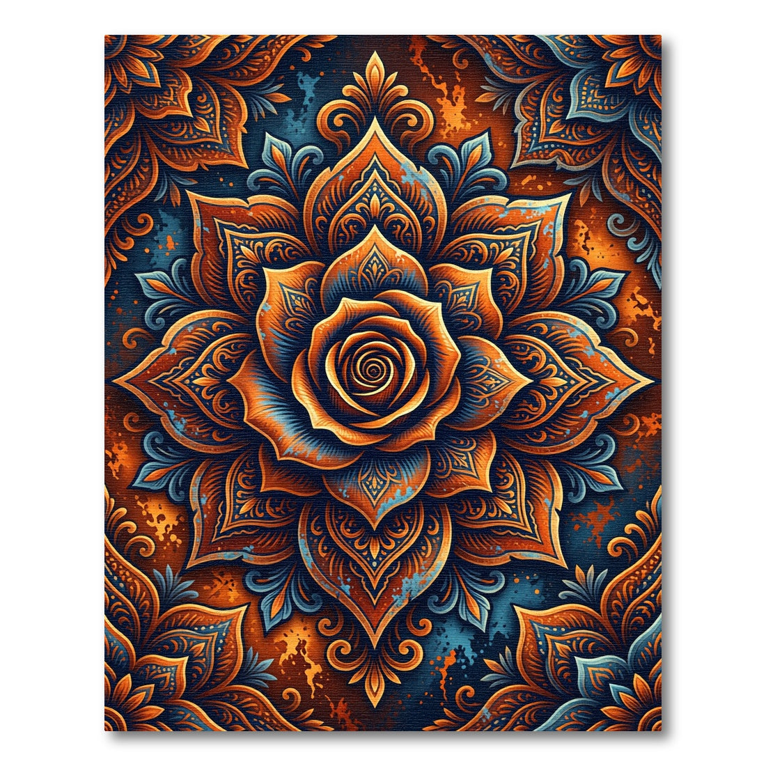 Orange Blue Intricate Floral Mandala Rug