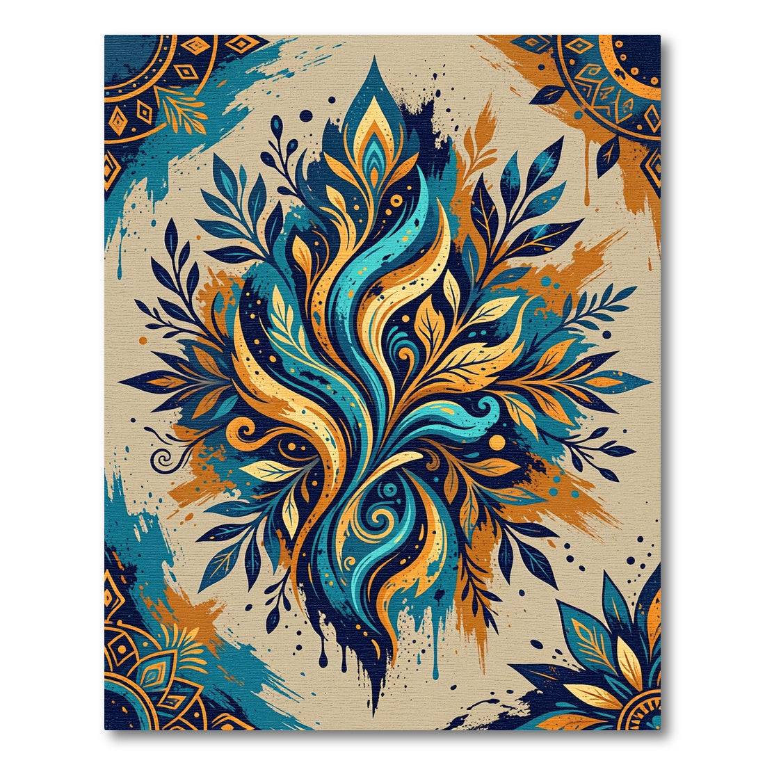 Earthy Blue Gold Swirl Floral Art Rug