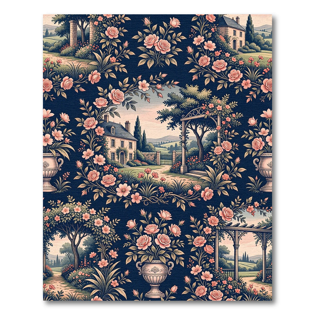 Romantic Navy Rose Garden Landscape Rug