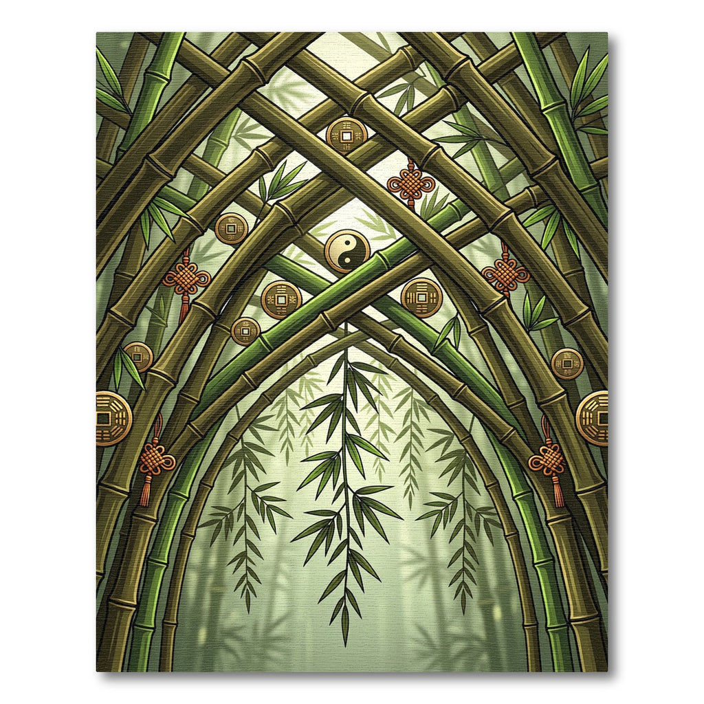 Green Bamboo Arch With Coins Rug