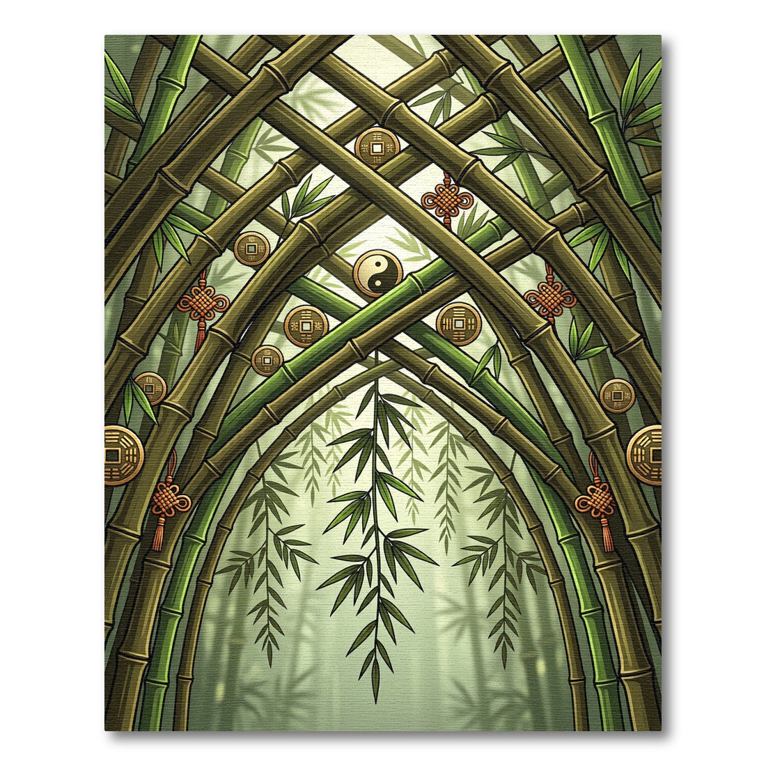 Green Bamboo Arch With Coins Rug