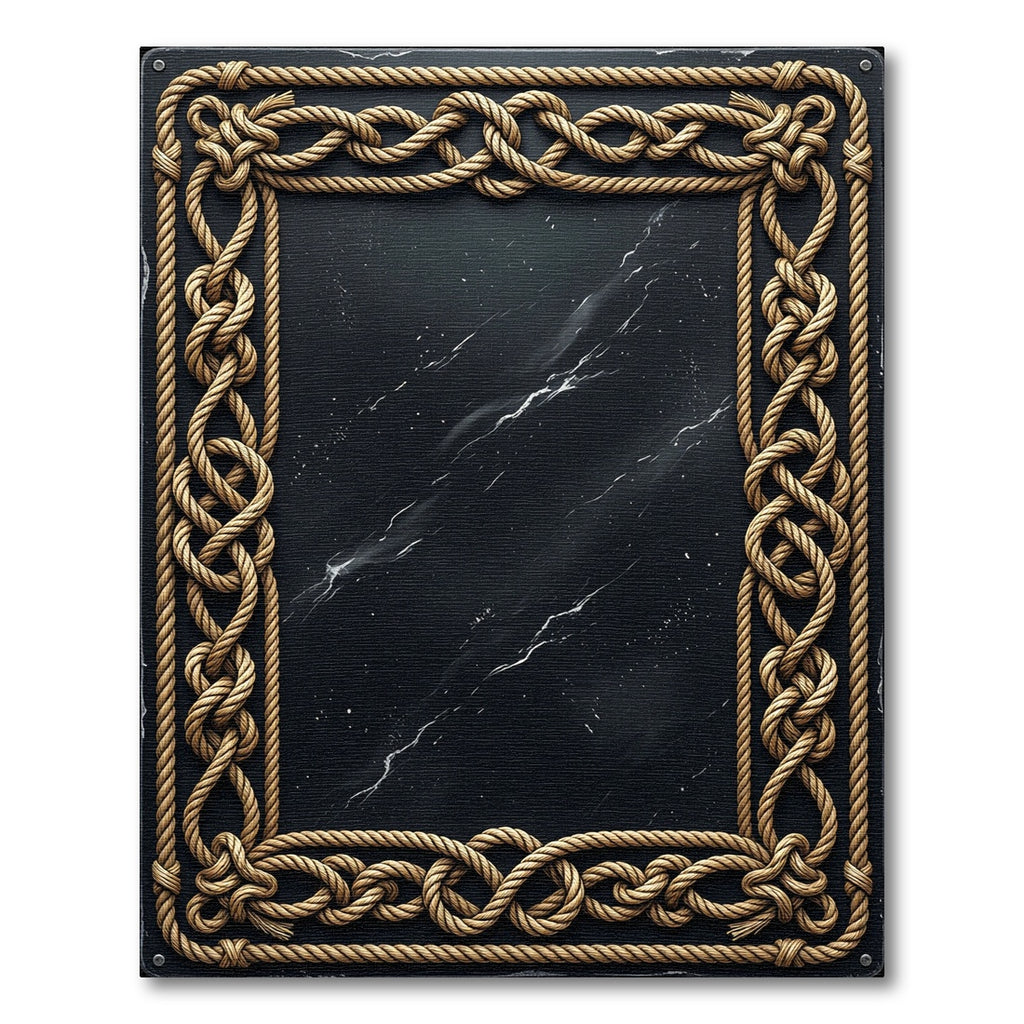 Gold Rope Bordered Black Marble Rug