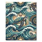 Teal Sea Turtle Oceanic Wave Art Rug