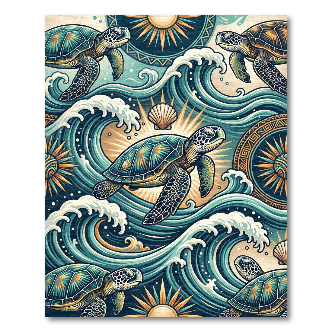 Teal Sea Turtle Oceanic Wave Art Rug