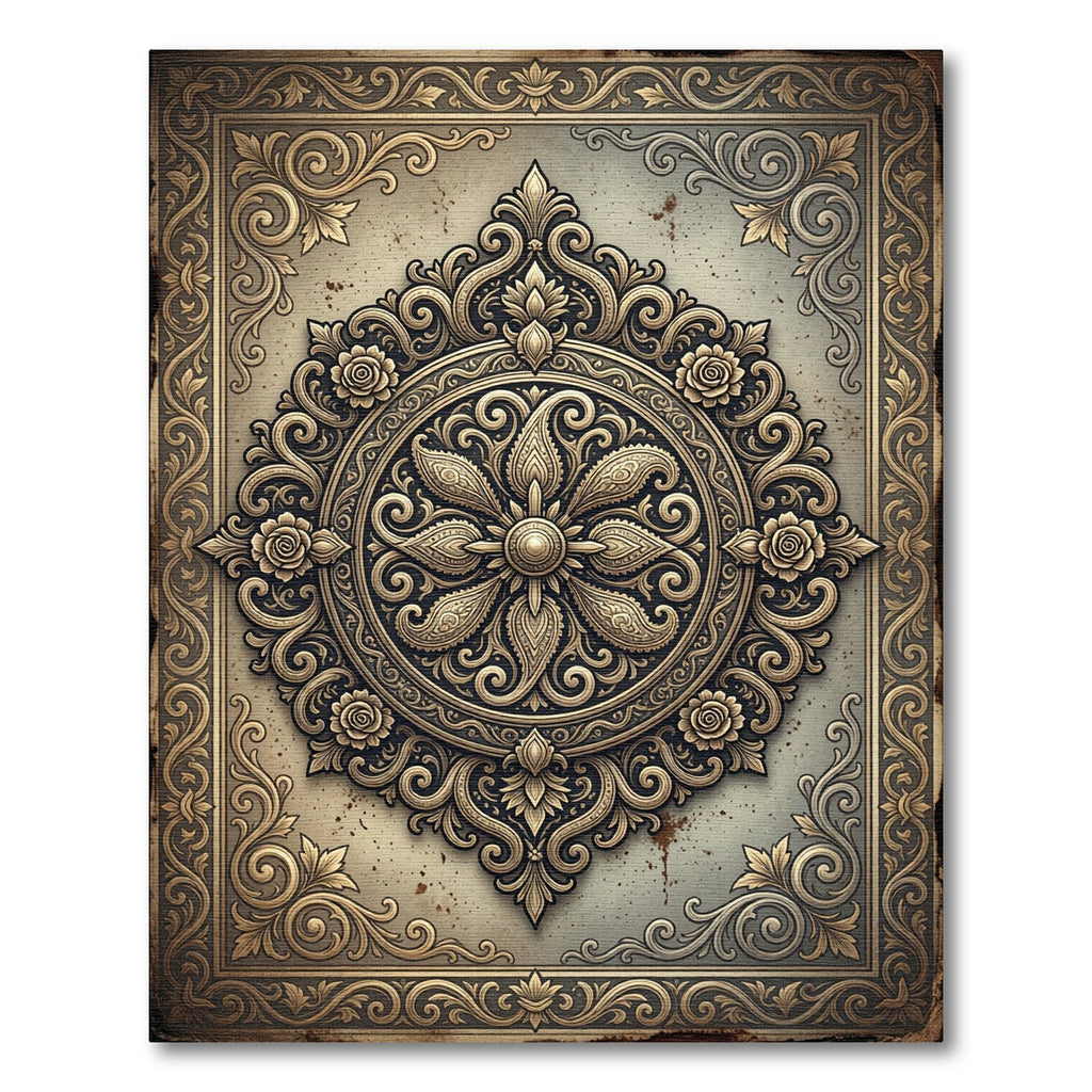 Antique Gold Ornate Paisley Floral Medallion Rug