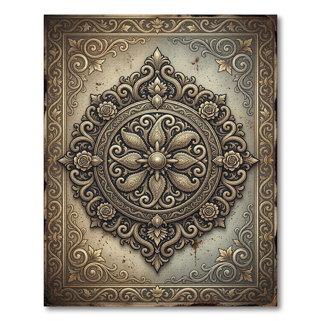 Antique Gold Ornate Paisley Floral Medallion Rug