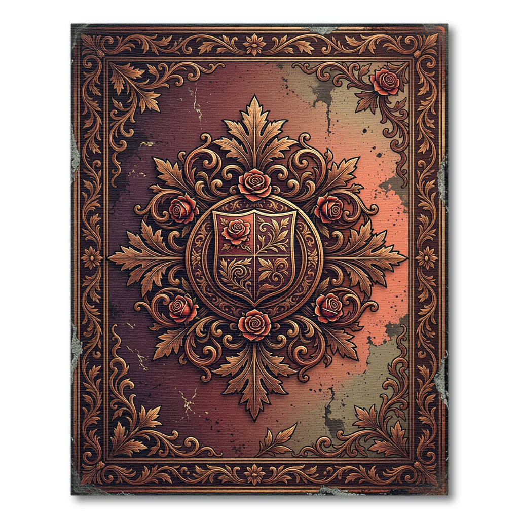 Ornate Bronze Rose Heraldic Emblem Rug