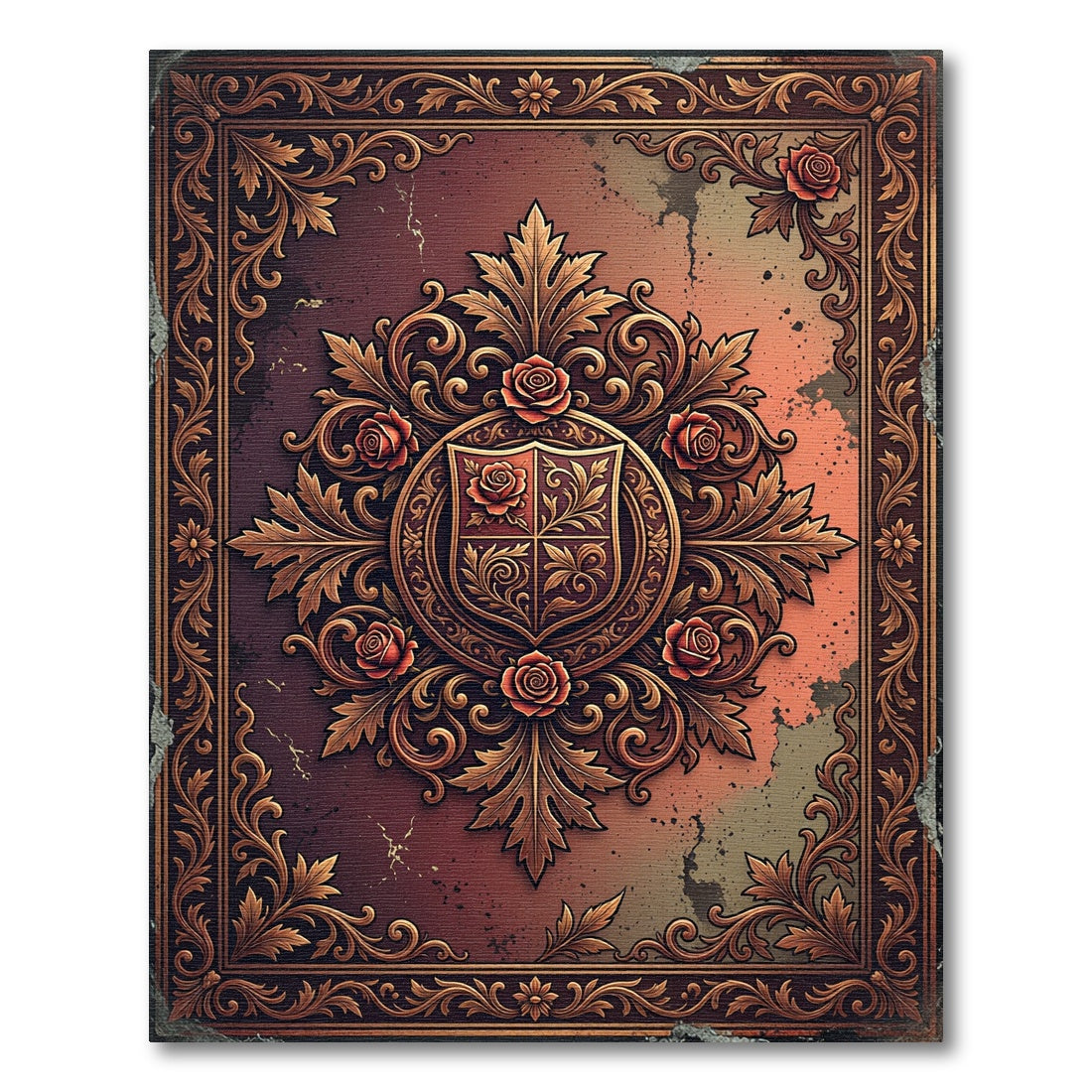 Ornate Bronze Rose Heraldic Emblem Rug
