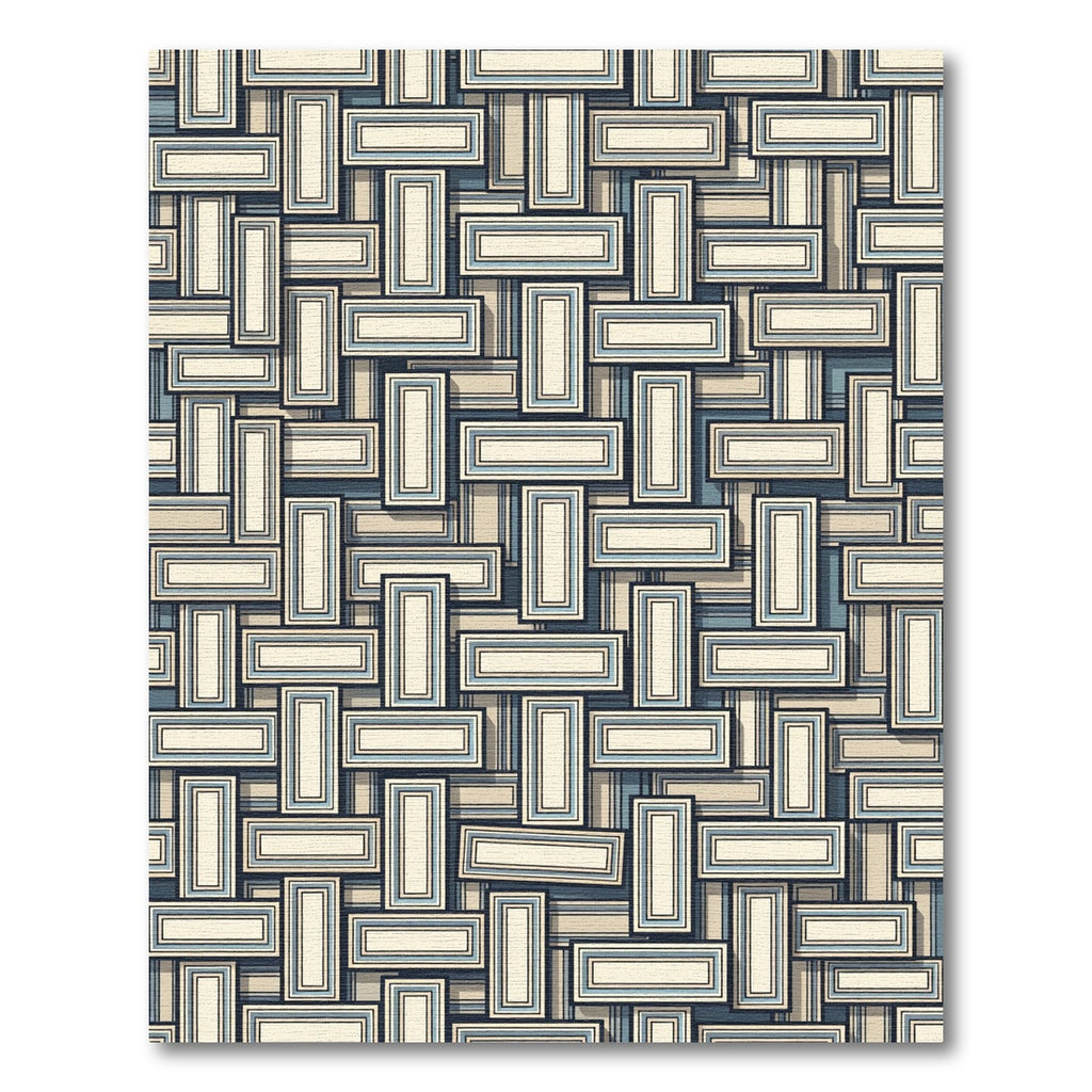 Geometric Beige and Blue Interlocking Block Rug