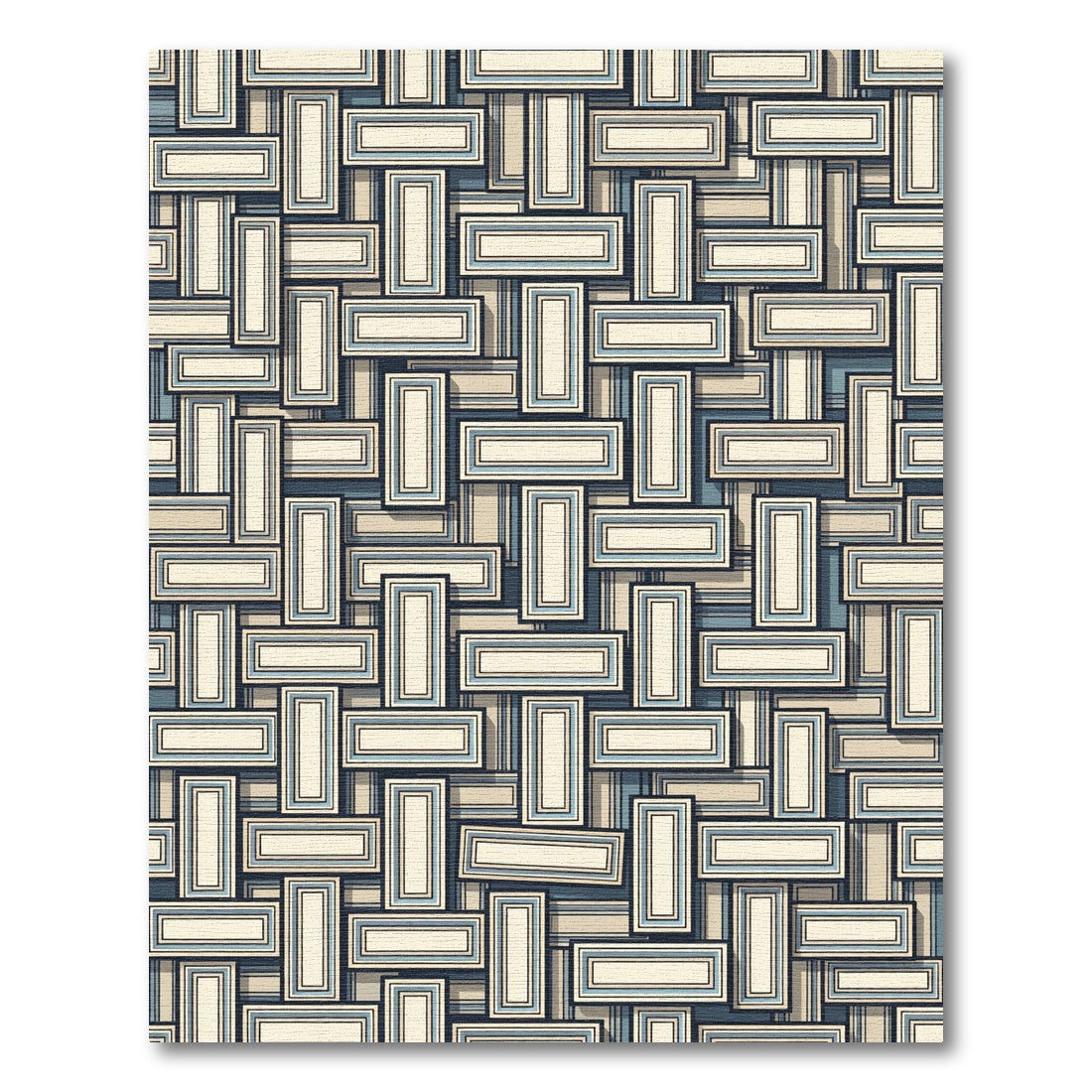 Geometric Beige and Blue Interlocking Block Rug