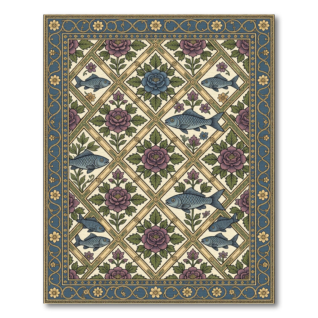 Vintage Blue Floral Fish Diamond Lattice Rug