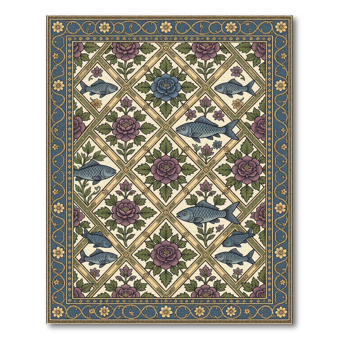 Vintage Blue Floral Fish Diamond Lattice Rug