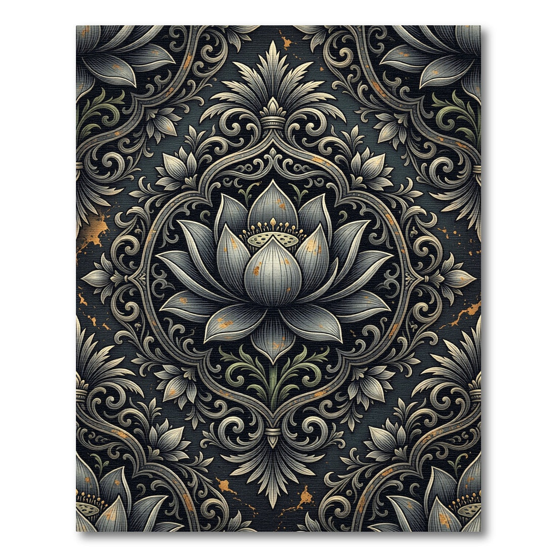 Dark Gray Lotus Bloom Damask Rug