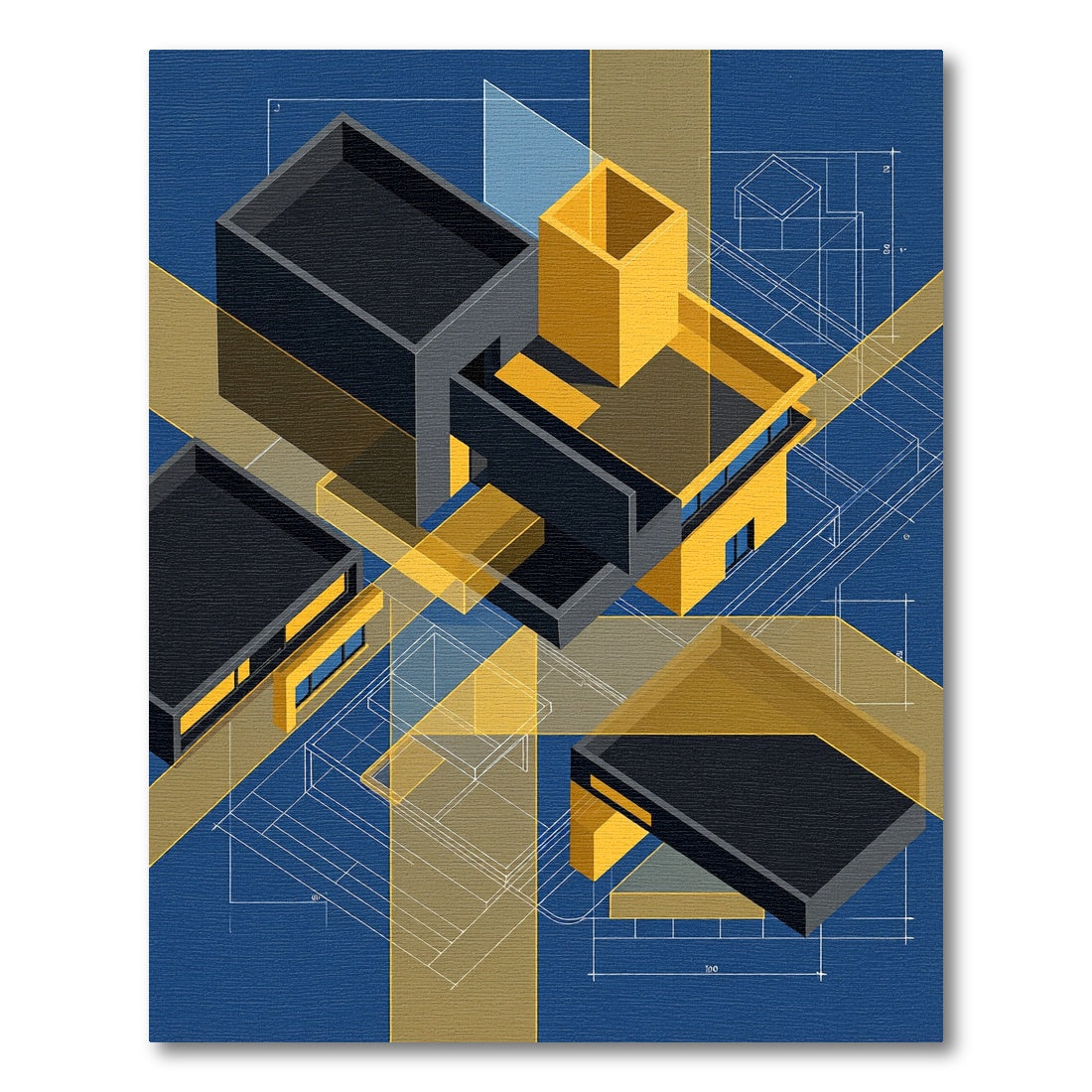 Architectural Blueprint Yellow Geometric Layers Rug