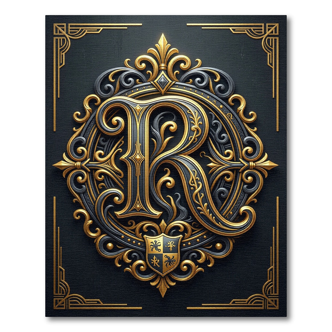 Ornate Golden Royal Monogram Crest Rug