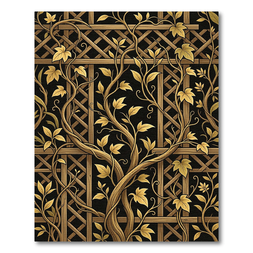 Golden Vine Trellis Black Background Rug