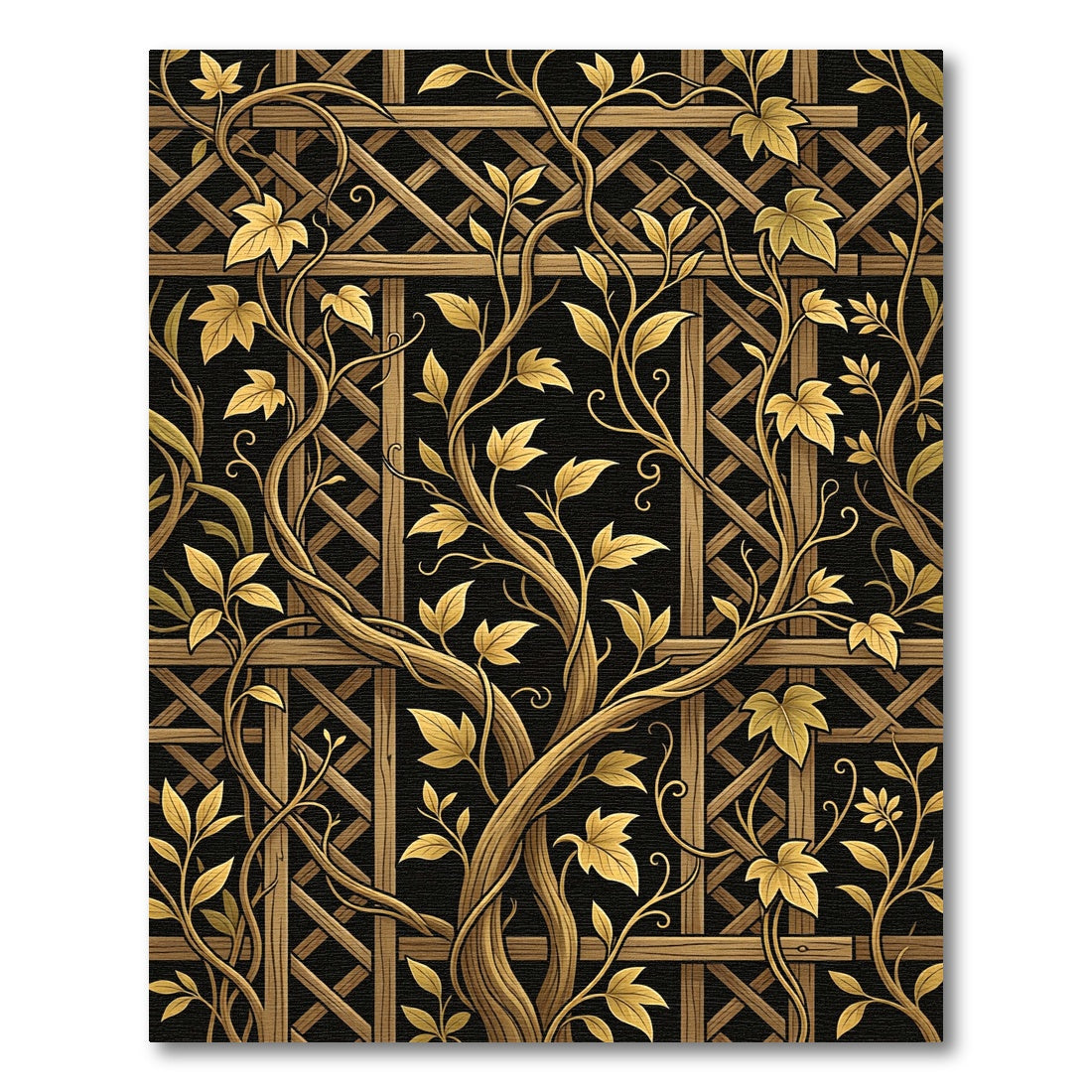 Golden Vine Trellis Black Background Rug