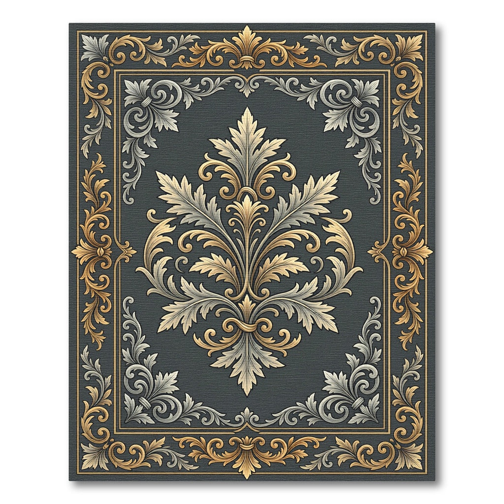 Ornate Gold Silver Damask Floral Rug