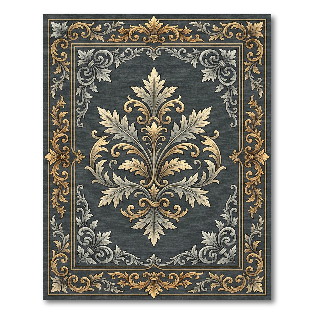 Ornate Gold Silver Damask Floral Rug