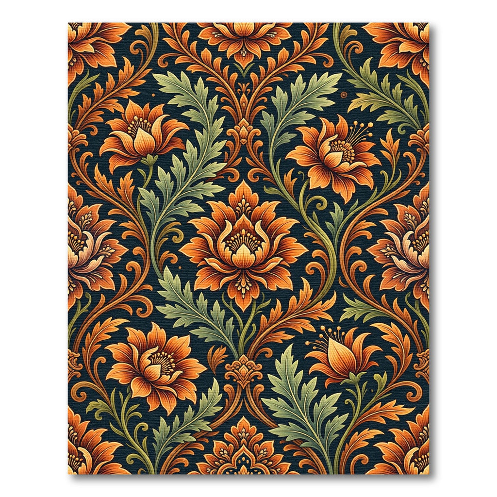 Elegant Amber Floral Damask Scroll Rug