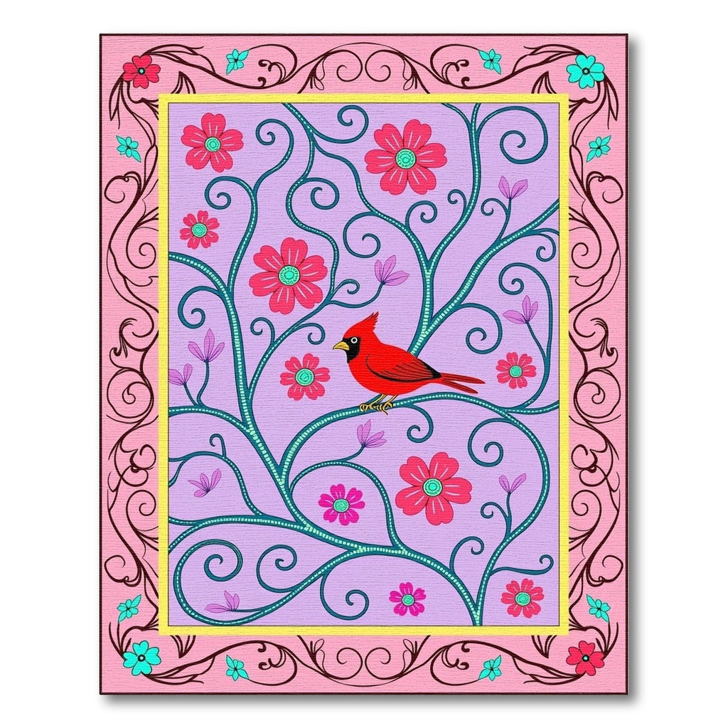 Whimsical Red Cardinal Floral Vine Rug