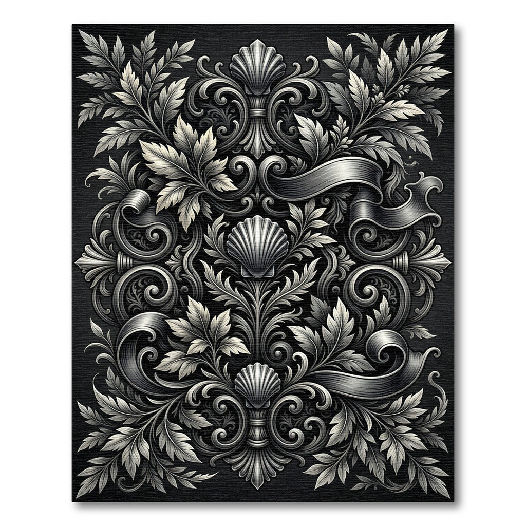 Ornate Silver Floral Shell Scrolling Rug