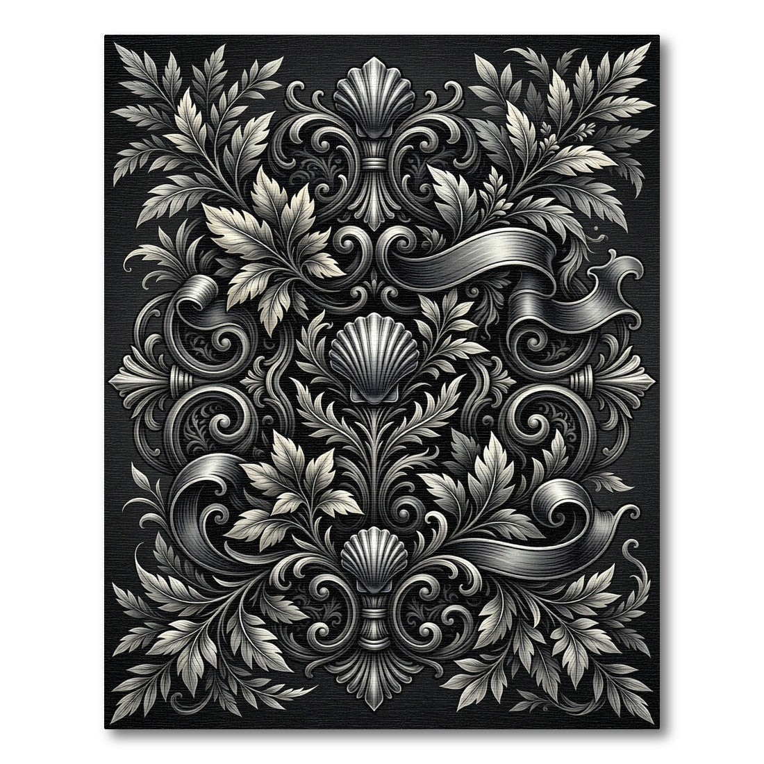 Ornate Silver Floral Shell Scrolling Rug
