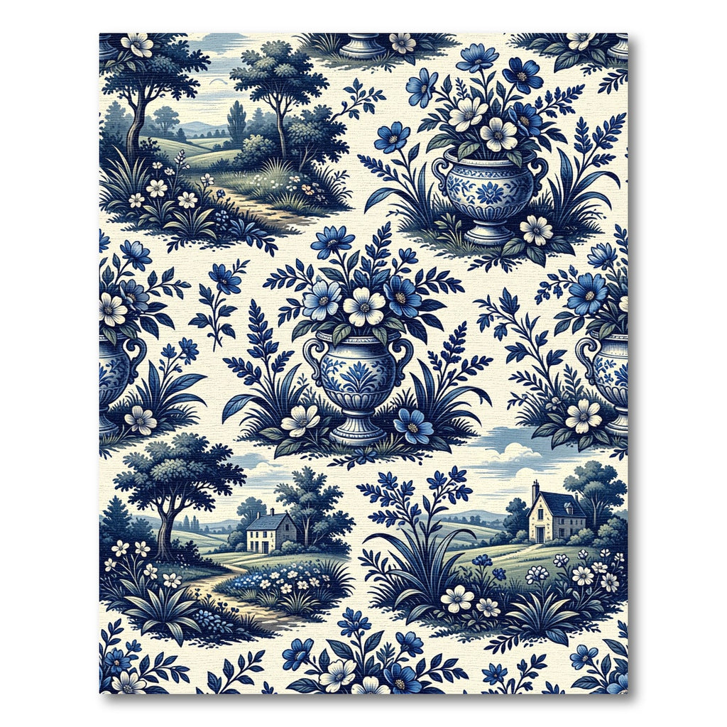 Blue Toile Landscape and Floral Urn Rug